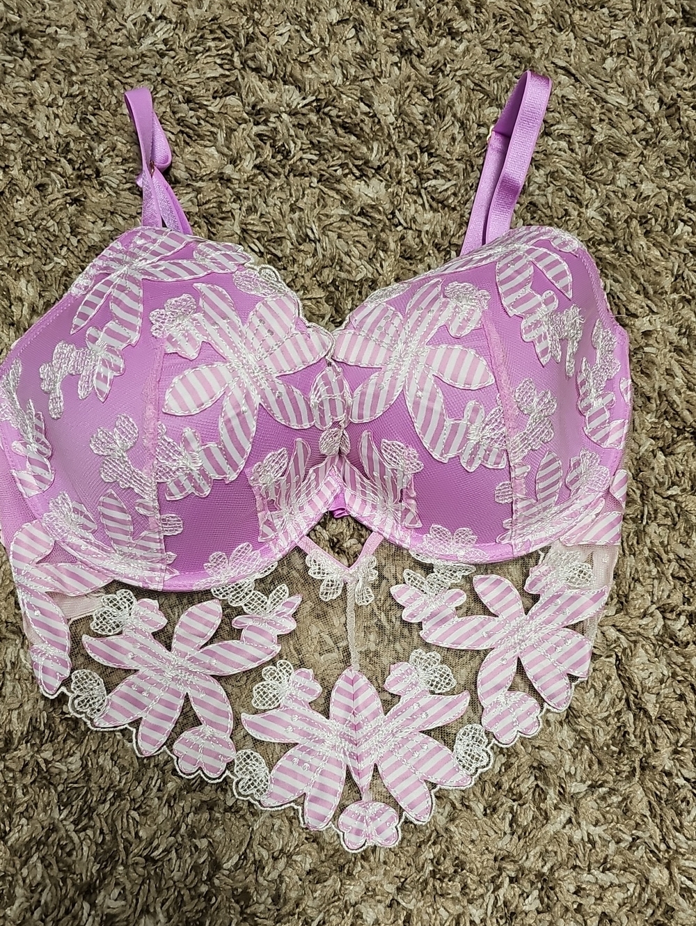 Victoria Secret Lined Demi Lavender Floral Lace Longline Bra 32DD